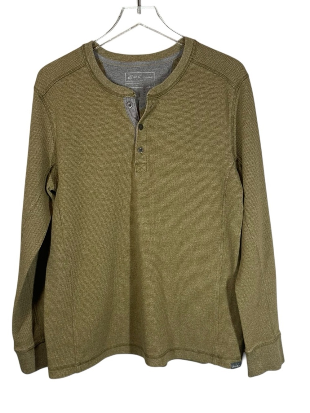 EDDIE BAUER Men's Large Green Waffle Knit Long Sleeve Henley  vintage